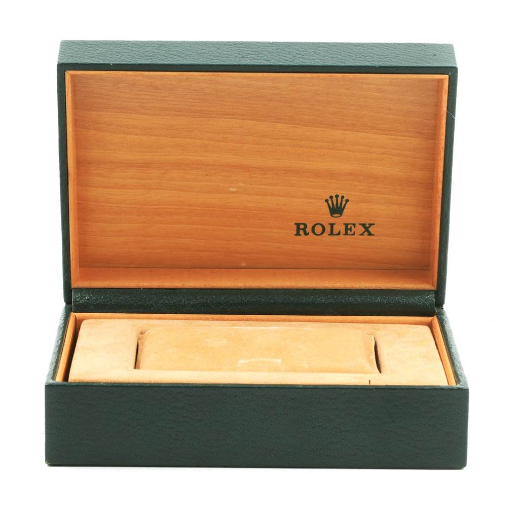 This image shows an open watch box for a Rolex Datejust 16233 Men
s Steel and Gold (two tone) Silver Dial 16233 Men
s Steel and Gold (two tone) Silver Dial model, viewed from the front.