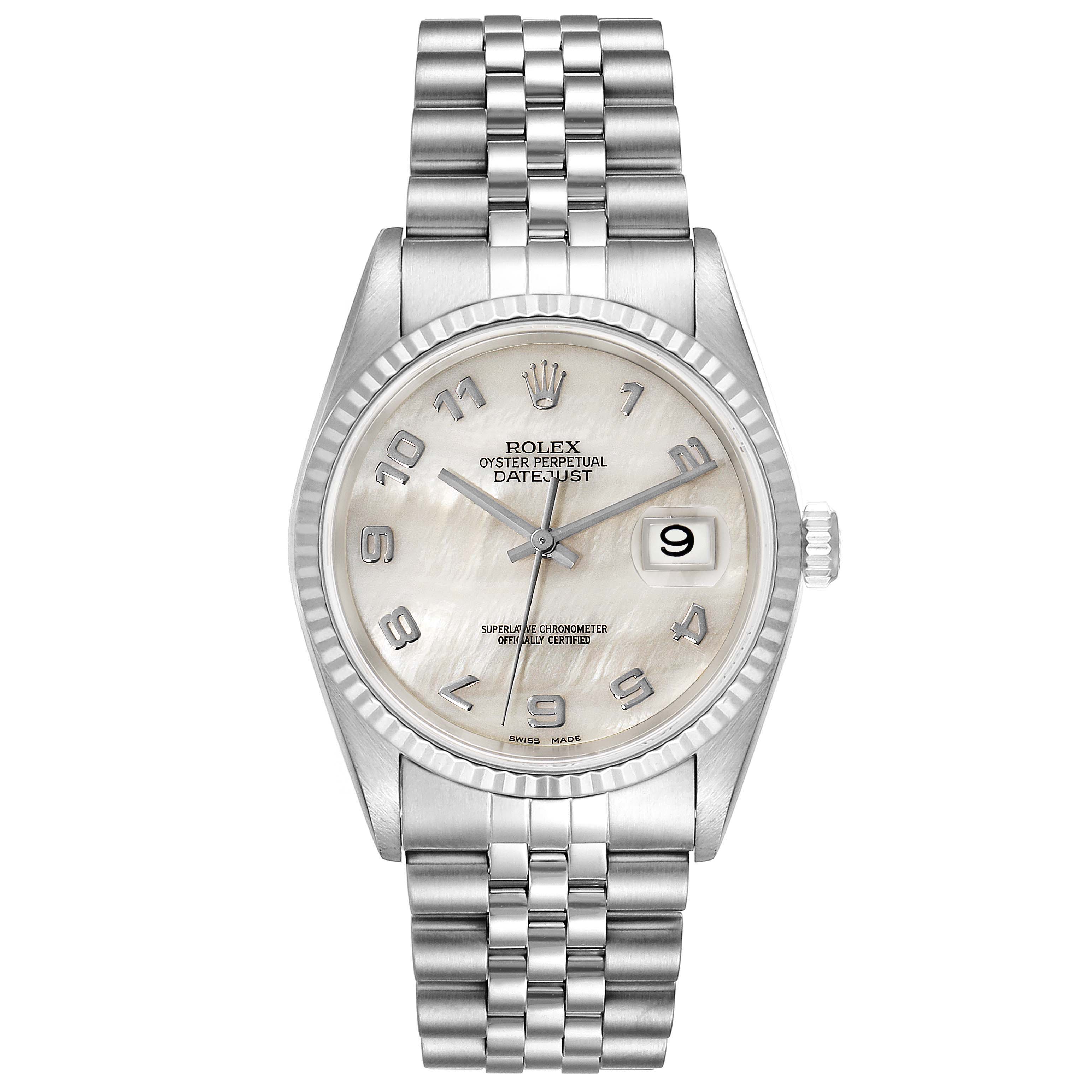 The image shows a Rolex Datejust 16234 Men's Stainless Steel Mother of Pearl Dial 16234 Men's Stainless Steel Mother of Pearl Dial watch from a straight-on angle, displaying the dial, bezel, crown, and bracelet.