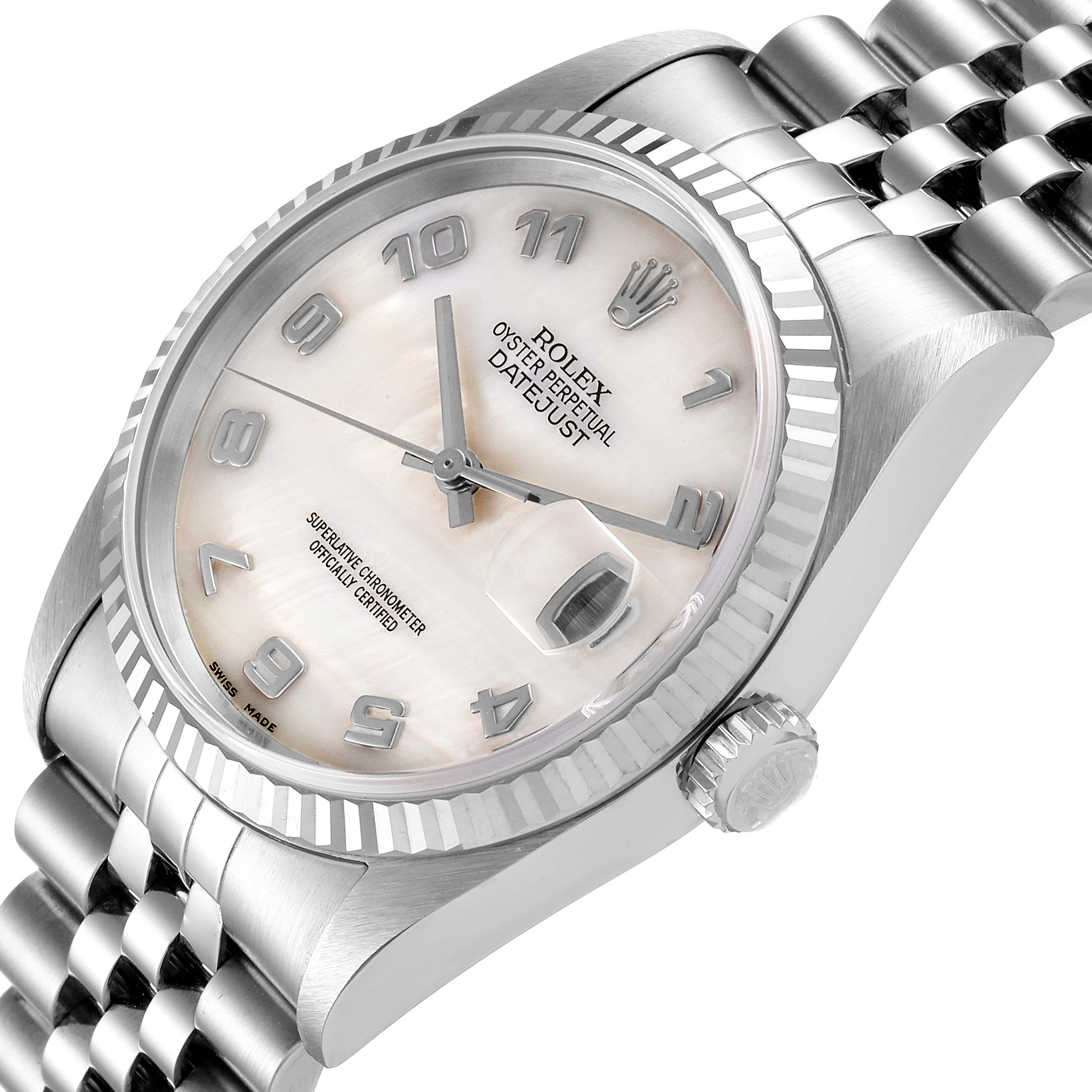 The image shows a Rolex Datejust 16234 Men's Stainless Steel Mother of Pearl Dial 16234 Men's Stainless Steel Mother of Pearl Dial watch at a slight angle, highlighting its dial, fluted bezel, crown, and part of the Jubilee bracelet.