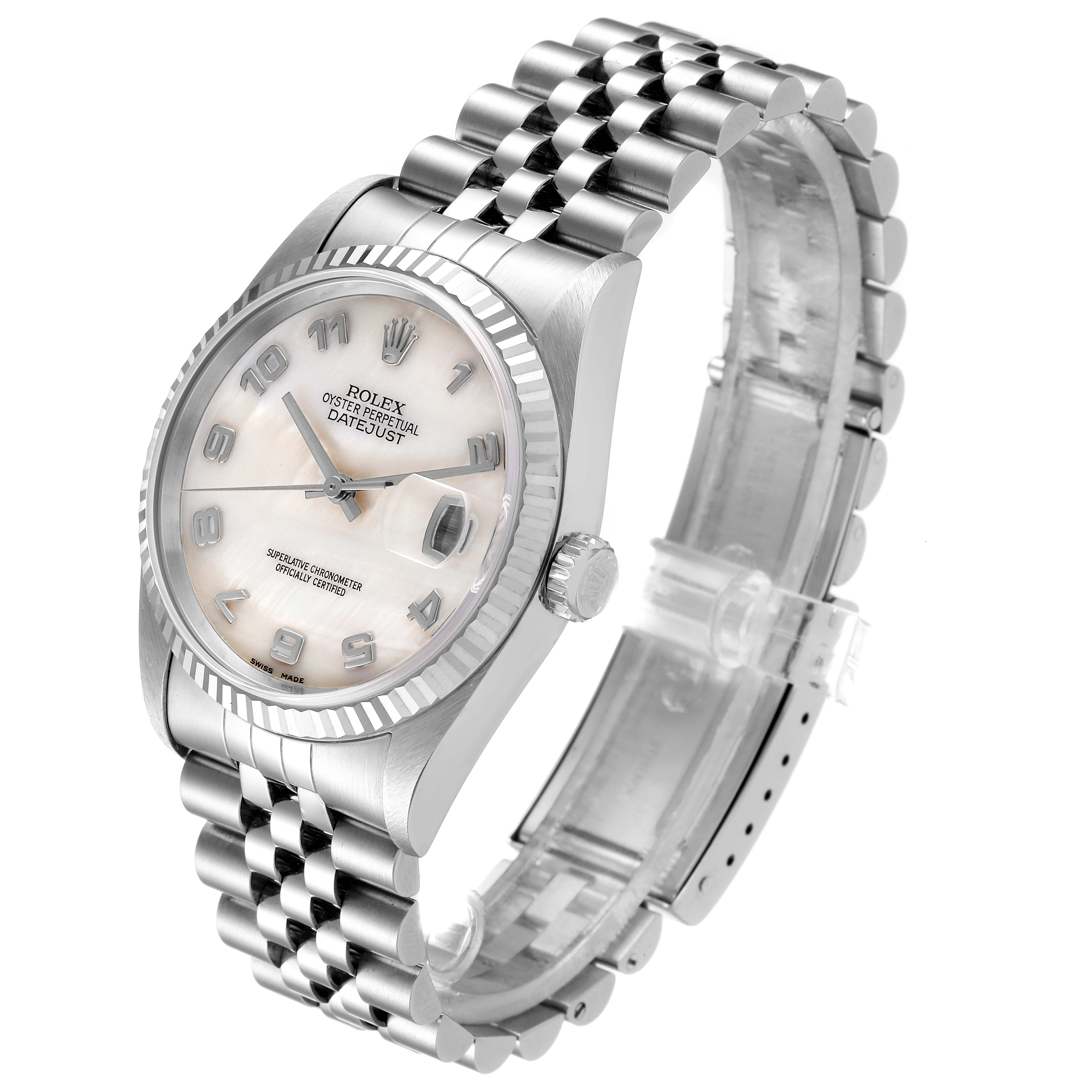 The image shows a side angle of the Rolex Datejust 16234 Men's Stainless Steel Mother of Pearl Dial 16234 Men's Stainless Steel Mother of Pearl Dial watch, highlighting its dial, bezel, crown, and jubilee bracelet.