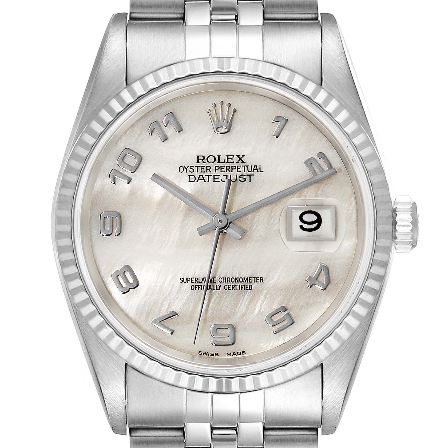 This image shows a frontal view of the Rolex Datejust 16234 Men's Stainless Steel Mother of Pearl Dial 16234 Men's Stainless Steel Mother of Pearl Dial's dial, crown, bezel, and part of its bracelet.