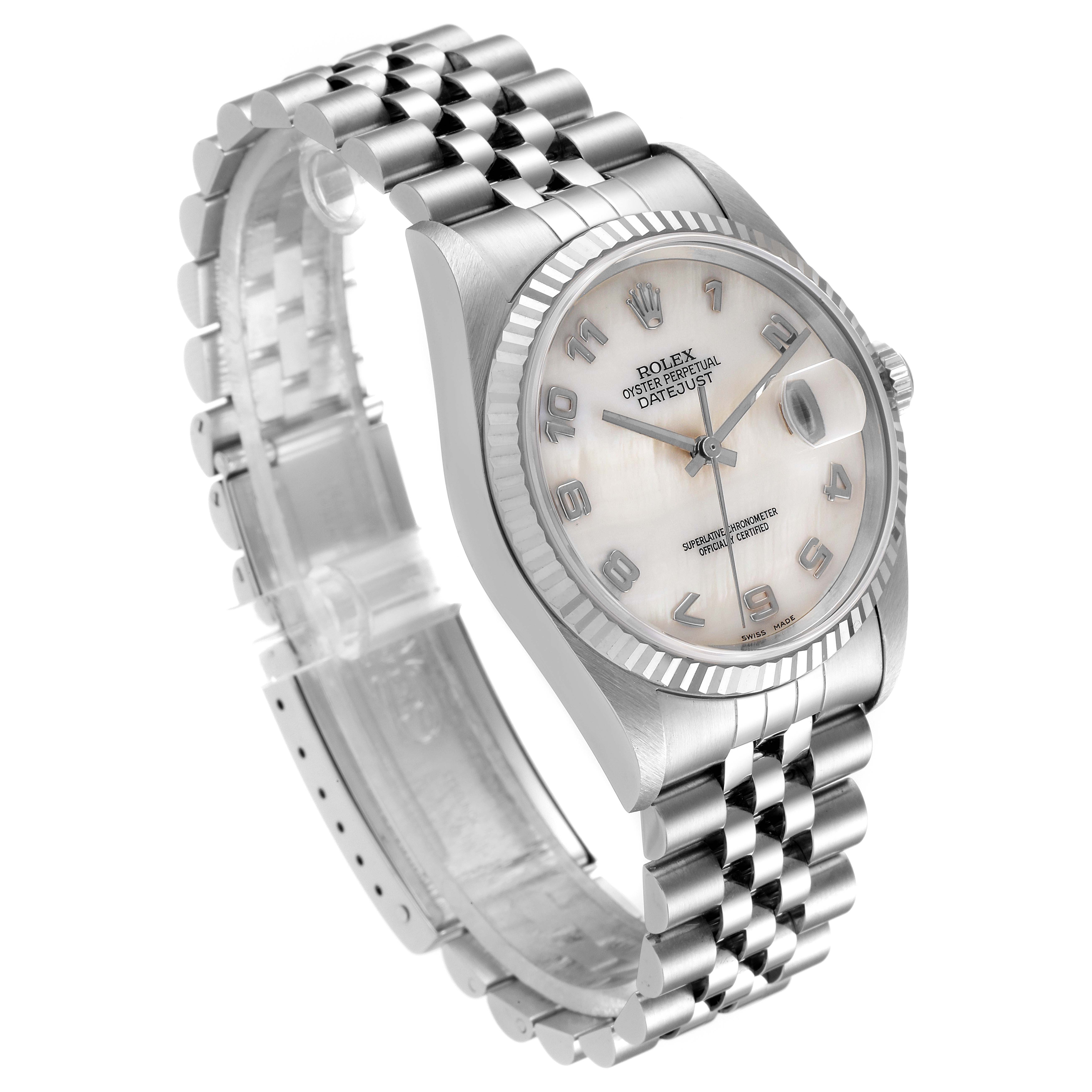 The watch is a Rolex Datejust 16234 Men's Stainless Steel Mother of Pearl Dial 16234 Men's Stainless Steel Mother of Pearl Dial model shown at an angle highlighting its face, bezel, and bracelet.