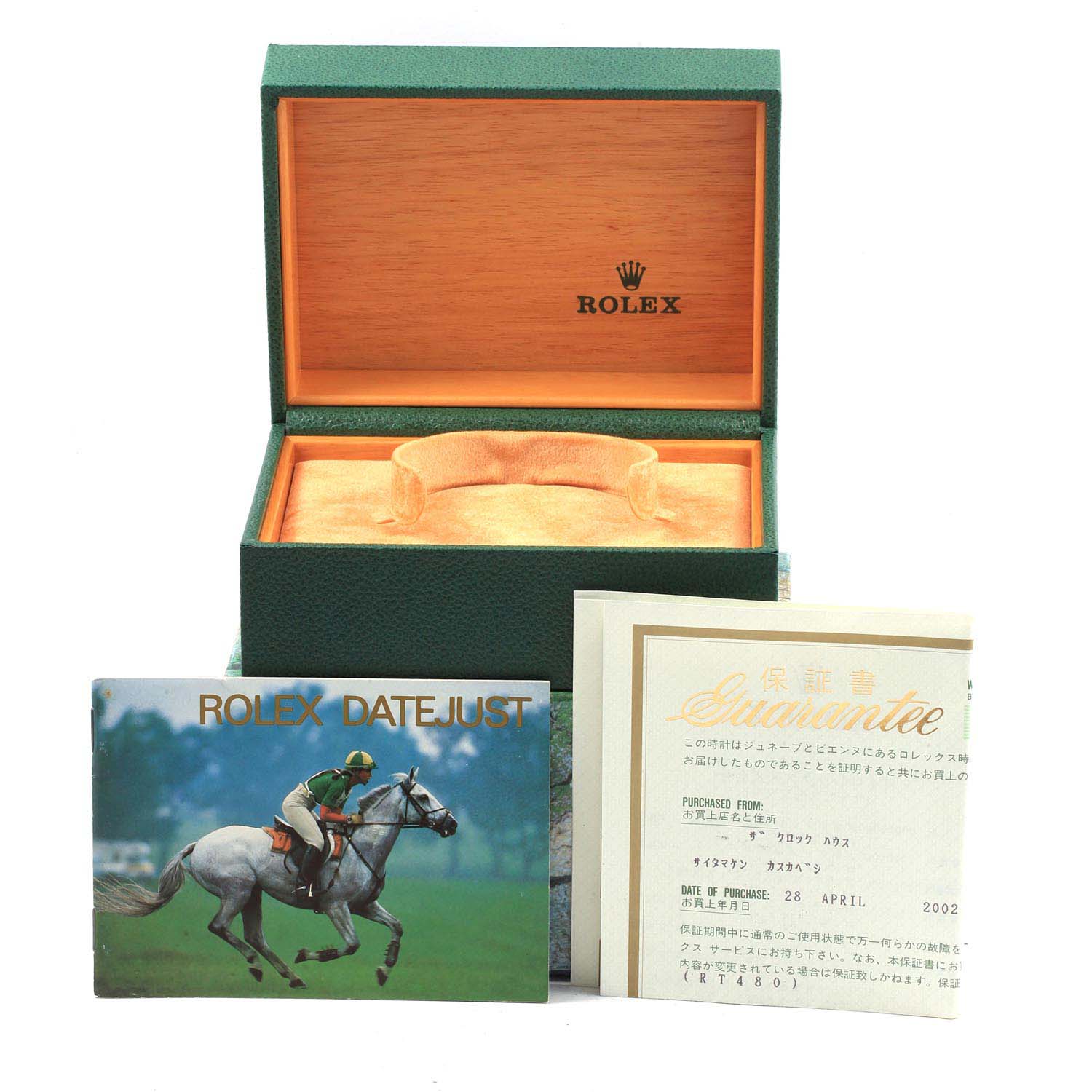 The image shows a Rolex Datejust 16234 Men's Stainless Steel Mother of Pearl Dial 16234 Men's Stainless Steel Mother of Pearl Dial watch box and accessories, including a manual and guarantee booklet.