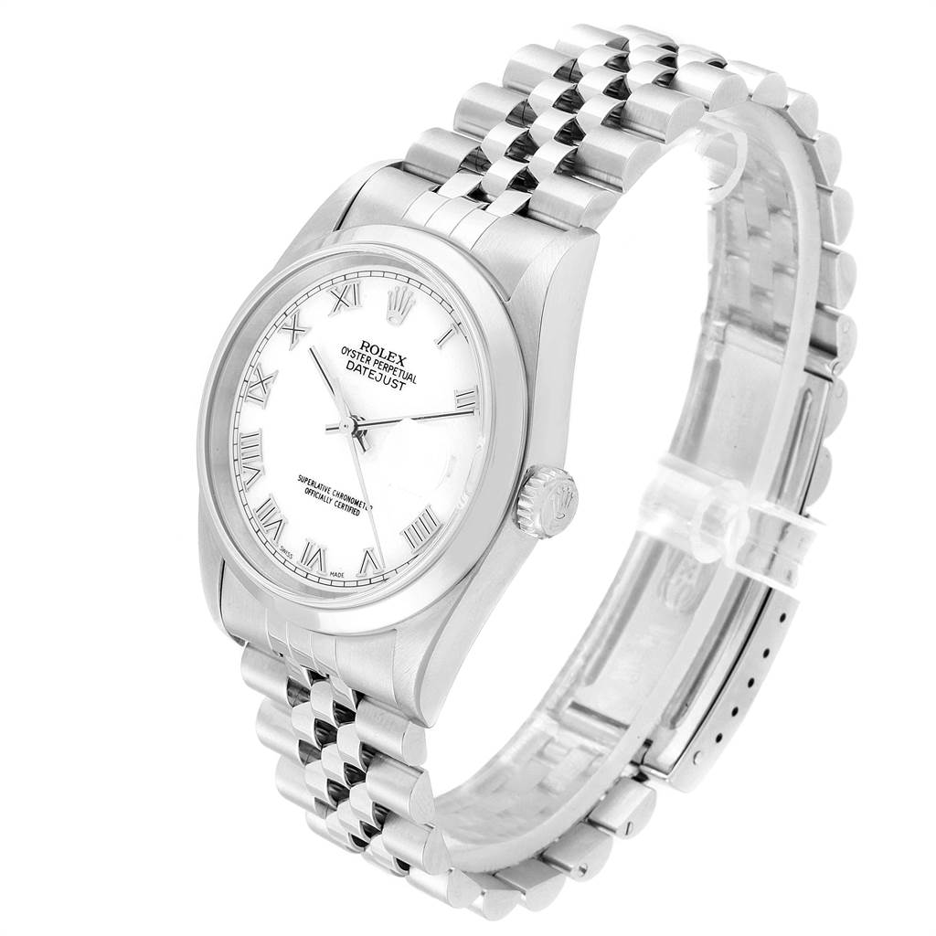 The image shows a side-angle view of a Rolex Datejust 16200 Men's Stainless Steel White Dial 16200 Men's Stainless Steel White Dial watch, focusing on its face, crown, and jubilee bracelet.