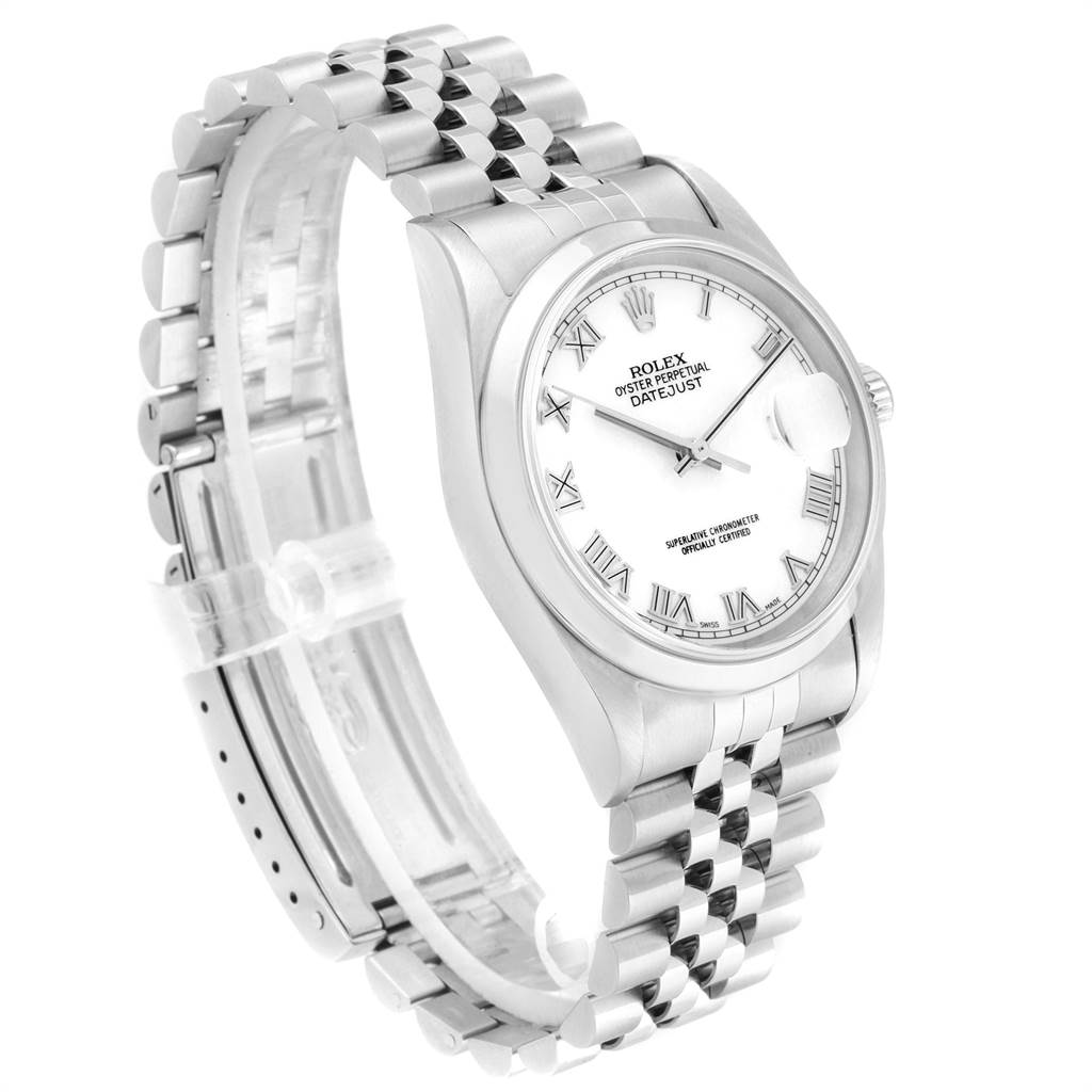 The image shows a Rolex Datejust 16200 Men's Stainless Steel White Dial 16200 Men's Stainless Steel White Dial watch at a three-quarter angle, featuring its face, case, and Jubilee bracelet.