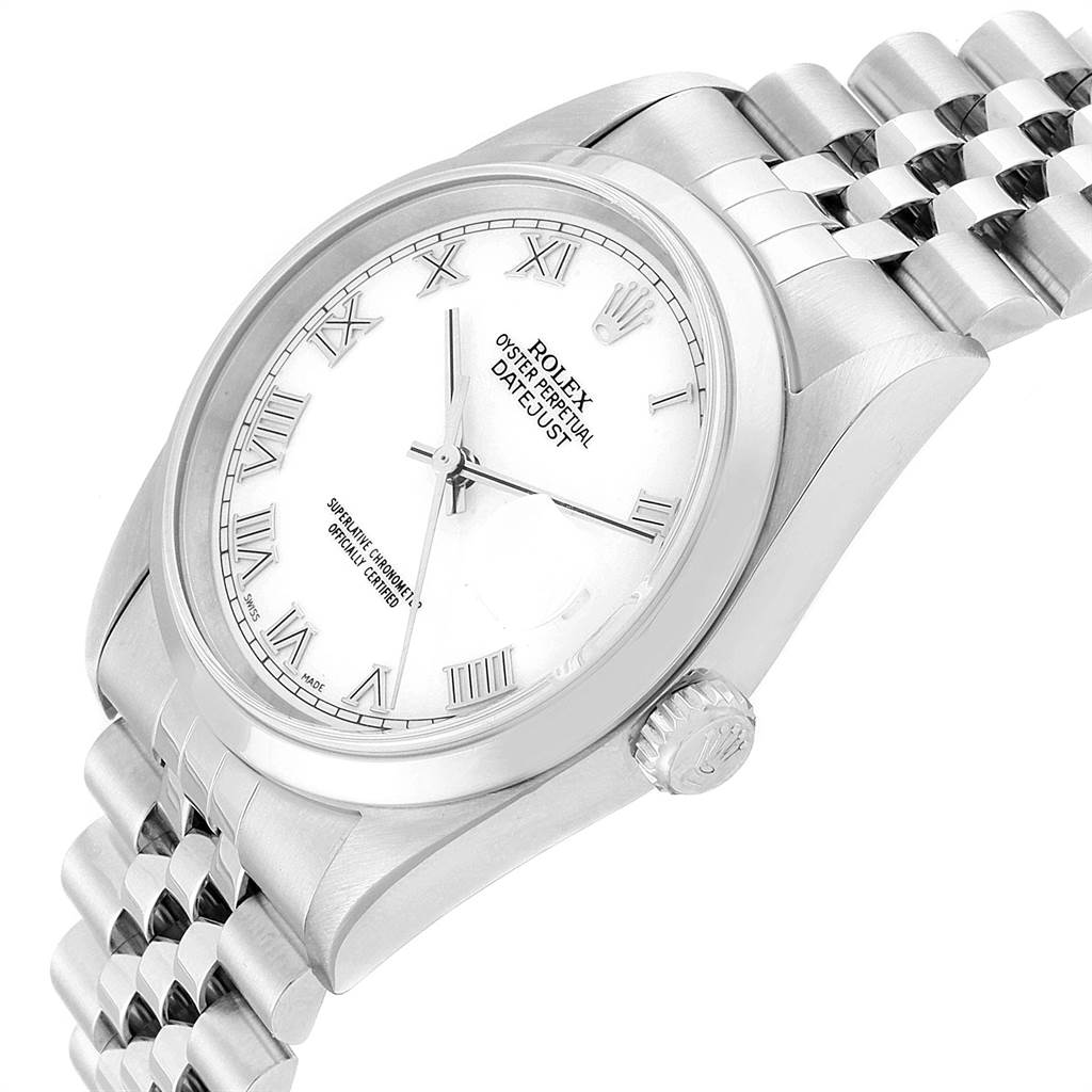 This image shows a Rolex Datejust 16200 Men's Stainless Steel White Dial 16200 Men's Stainless Steel White Dial watch at a slight side angle, highlighting the face, bezel, crown, and part of the bracelet.