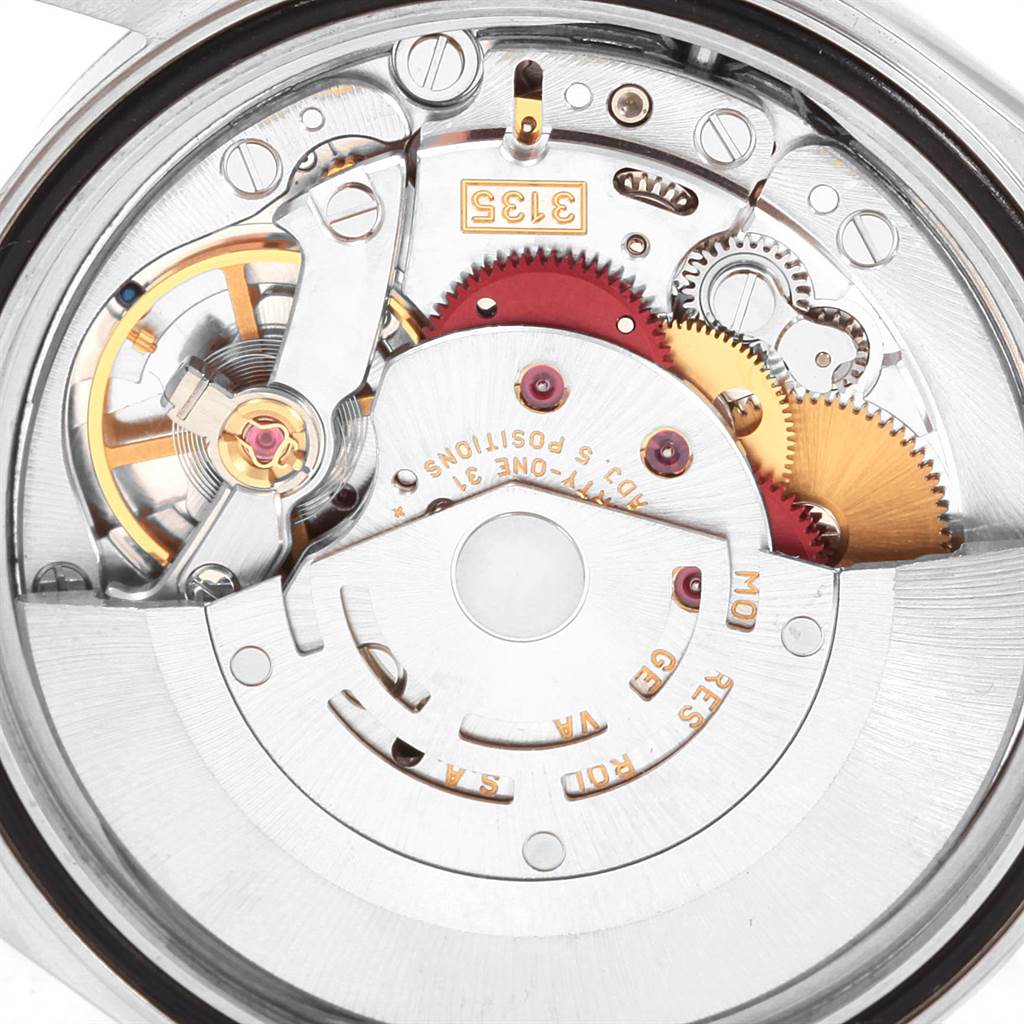 This image shows the internal movement mechanism of a Rolex Datejust 16200 Men's Stainless Steel White Dial 16200 Men's Stainless Steel White Dial watch from a rear angle.