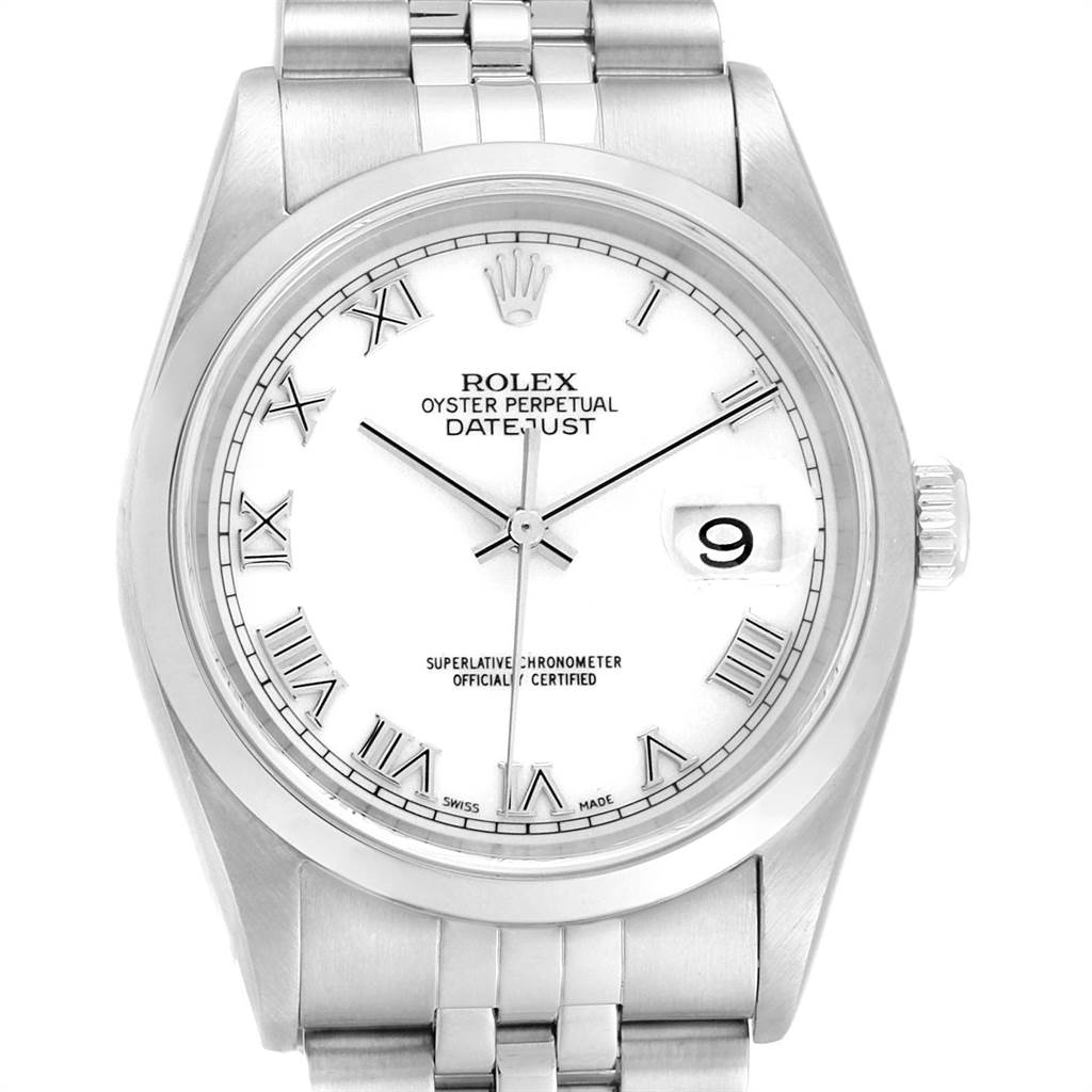 This image shows a front view of a Rolex Datejust 16200 Men's Stainless Steel White Dial 16200 Men's Stainless Steel White Dial watch displaying its face, bezel, crown, and part of the bracelet.