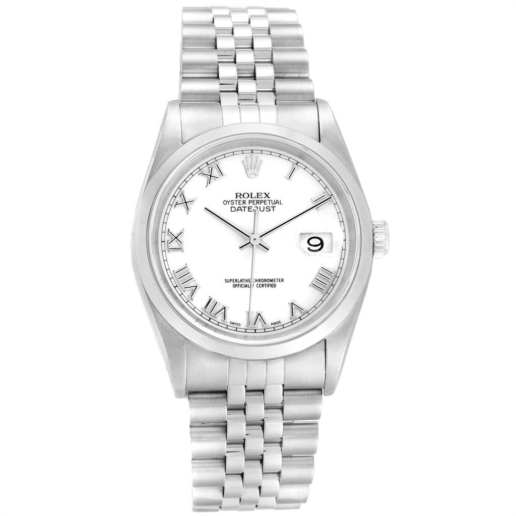 This image shows a front view of the Rolex Datejust 16200 Men's Stainless Steel White Dial 16200 Men's Stainless Steel White Dial, including its dial, bezel, and bracelet.