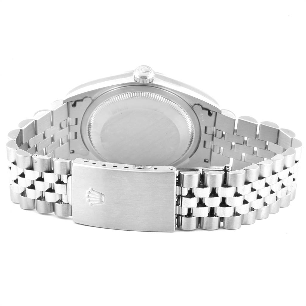 The image shows the back view of a Rolex Datejust 16200 Men's Stainless Steel White Dial 16200 Men's Stainless Steel White Dial watch, highlighting the clasp and bracelet.