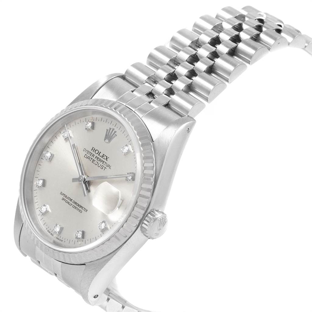This image shows the Rolex Datejust 16234 Men
s Stainless Steel Silver Dial 16234 Men
s Stainless Steel Silver Dial watch at an angled side view, highlighting the face, bezel, crown, and part of the bracelet.