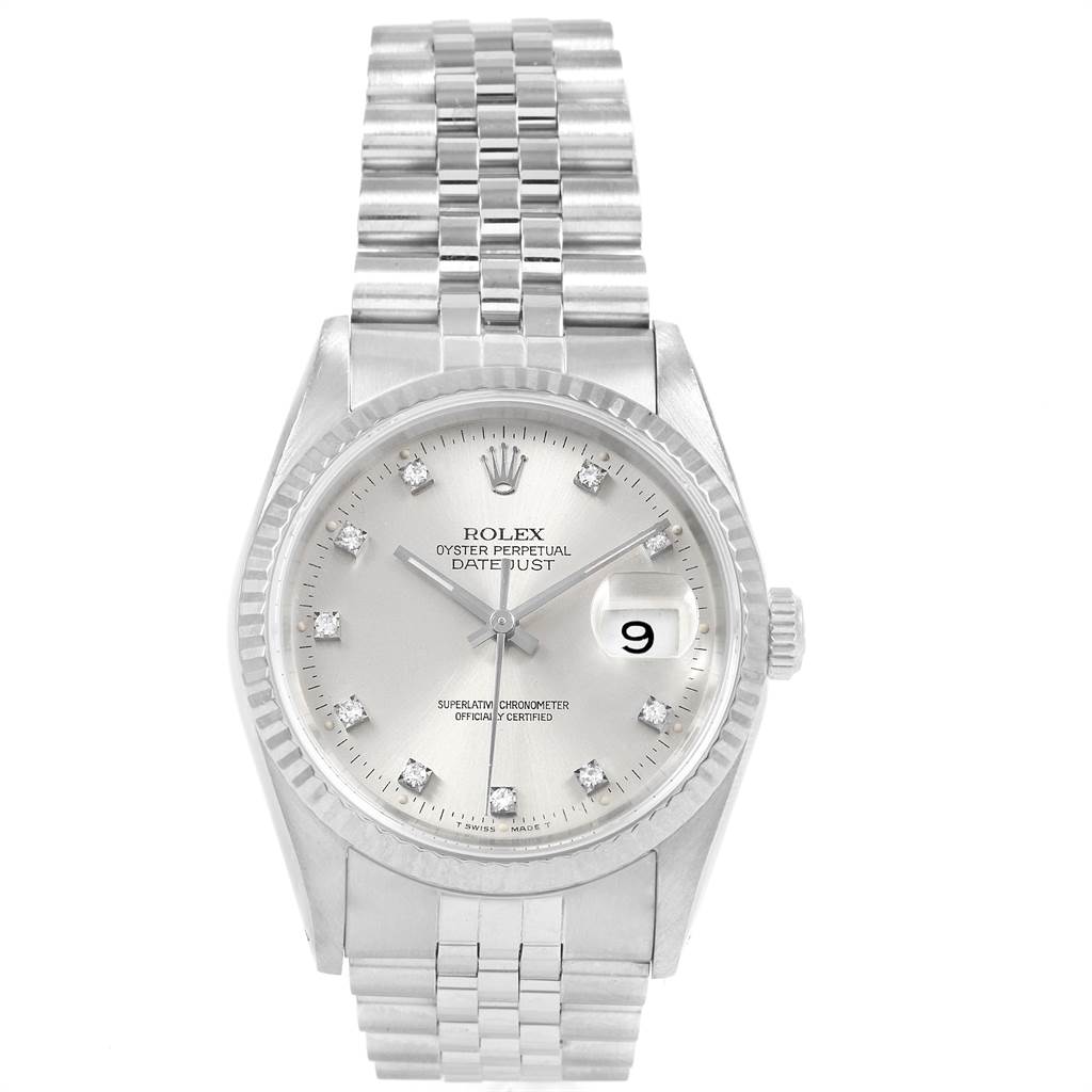 This image shows the front view of a Rolex Datejust 16234 Men
s Stainless Steel Silver Dial 16234 Men
s Stainless Steel Silver Dial watch, highlighting the dial, bezel, bracelet, and date window.