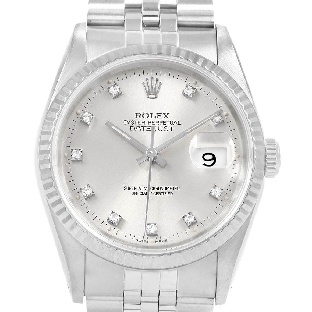 This image shows a front view of the Rolex Datejust 16234 Men
s Stainless Steel Silver Dial 16234 Men
s Stainless Steel Silver Dial watch, detailing the dial, fluted bezel, crown, and part of the bracelet.