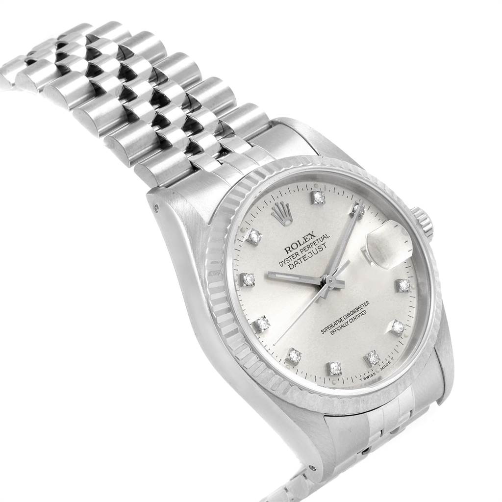 This image shows a Rolex Datejust 16234 Men
s Stainless Steel Silver Dial 16234 Men
s Stainless Steel Silver Dial watch from an angled side view, highlighting the face, bezel, and bracelet.