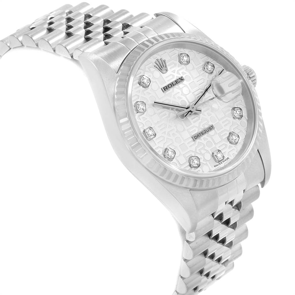 The image shows a side angle of the Rolex Datejust 16234 Men
s Stainless Steel Silver Dial 16234 Men
s Stainless Steel Silver Dial watch, highlighting the face, bezel, and part of the bracelet.