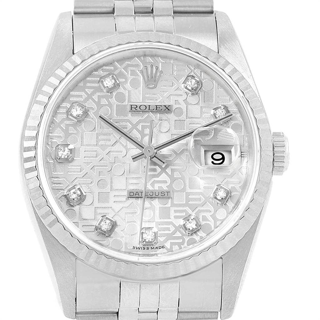 The image shows a close-up front view of a Rolex Datejust 16234 Men
s Stainless Steel Silver Dial 16234 Men
s Stainless Steel Silver Dial watch, highlighting its face, date window, and metal bracelet.