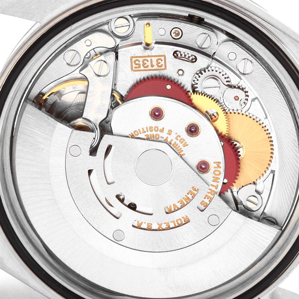 The image shows the internal movement mechanism of the Rolex Datejust 16234 Men
s Stainless Steel Silver Dial 16234 Men
s Stainless Steel Silver Dial watch, viewed from the back.