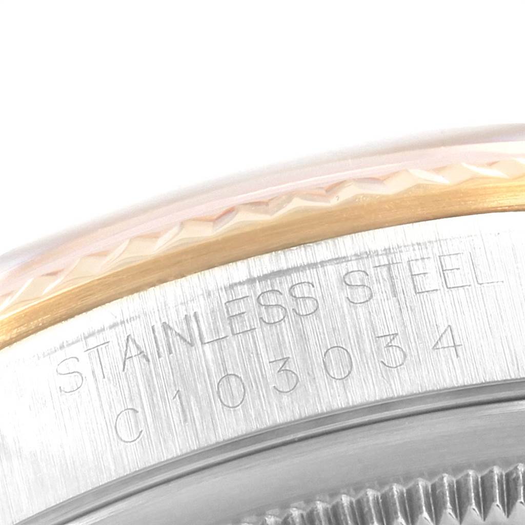 Close-up angle of the caseback showing the "STAINLESS STEEL" engraving on the Rolex Datejust 16233 Men's Steel and Gold (two tone) Silver Dial 16233 Men's Steel and Gold (two tone) Silver Dial model.