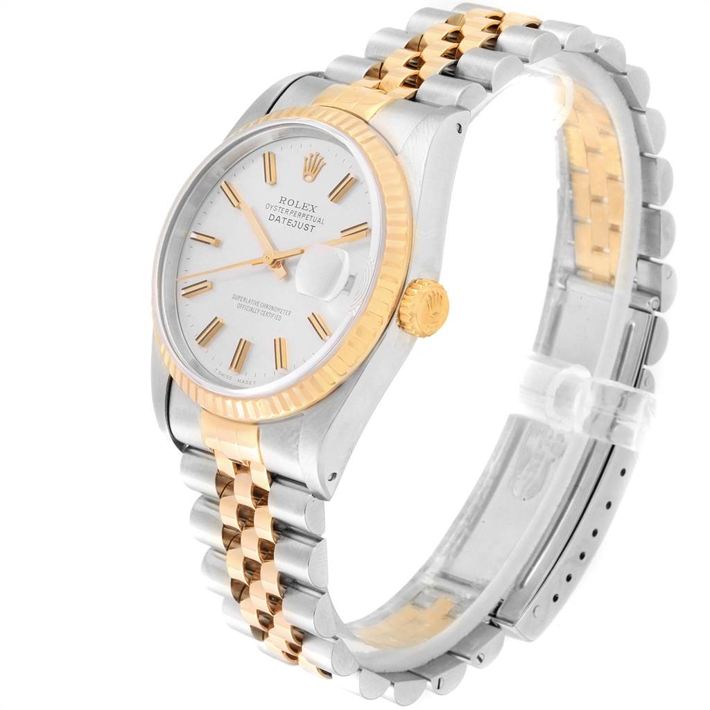 The image shows a Rolex Datejust 16233 Men's Steel and Gold (two tone) Silver Dial 16233 Men's Steel and Gold (two tone) Silver Dial watch at a three-quarter angle, displaying its dial, bezel, crown, and two-tone bracelet.