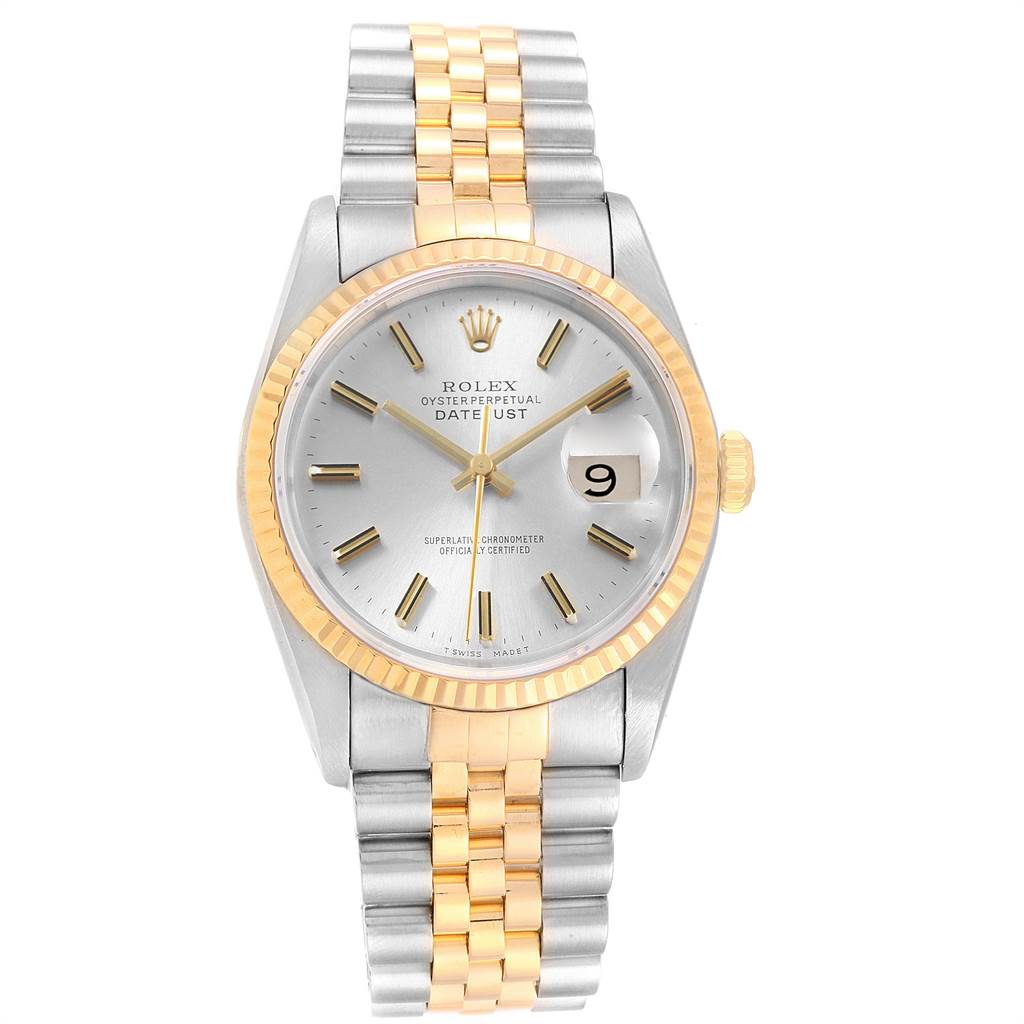 The image shows a front view of a Rolex Datejust 16233 Men's Steel and Gold (two tone) Silver Dial 16233 Men's Steel and Gold (two tone) Silver Dial watch, highlighting its dial, bezel, and two-tone bracelet.