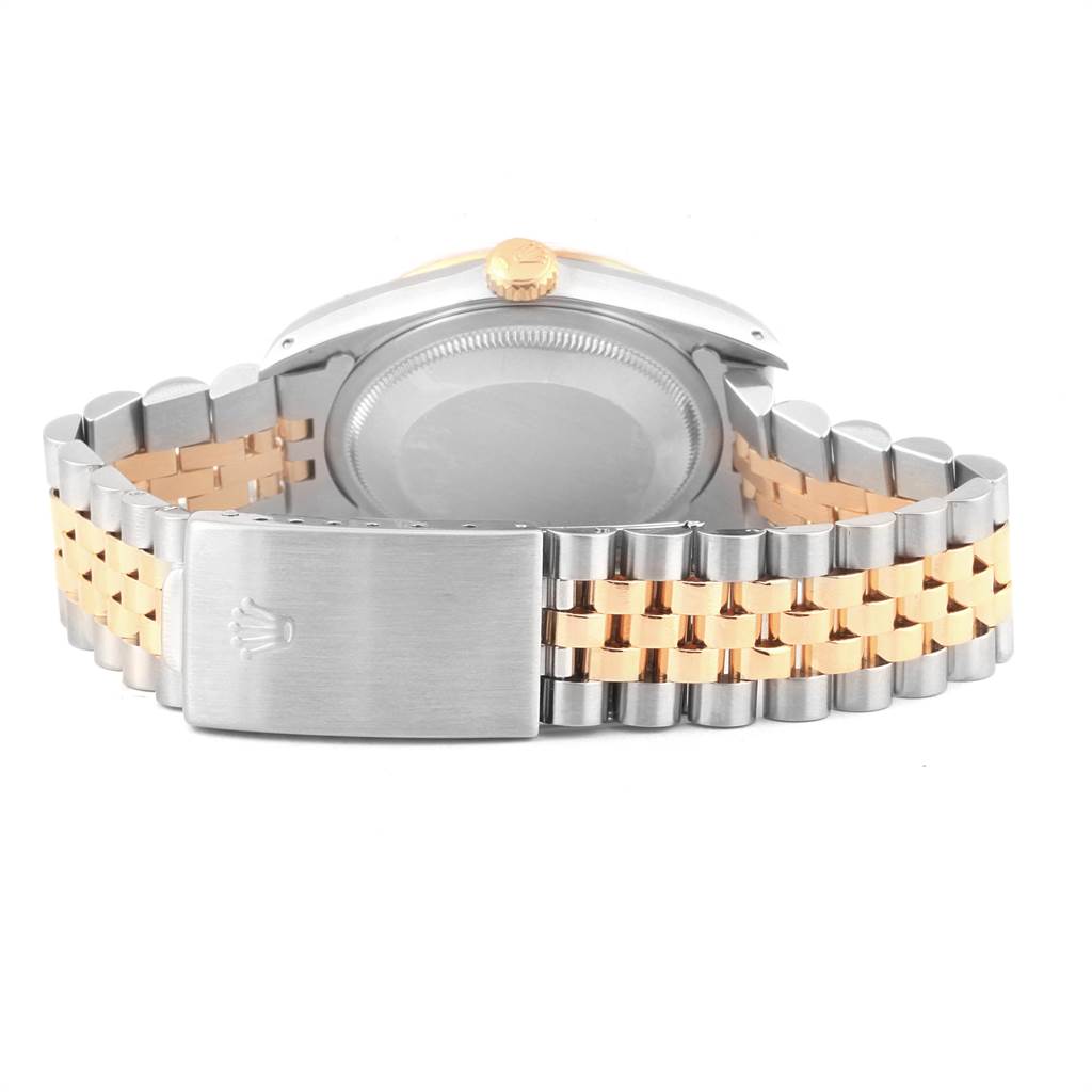 This image shows the back view of a Rolex Datejust 16233 Men's Steel and Gold (two tone) Silver Dial 16233 Men's Steel and Gold (two tone) Silver Dial watch, focusing on the case back and two-tone bracelet with the clasp visible.