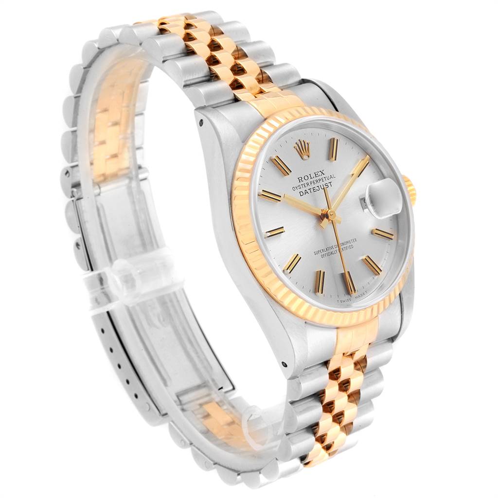 The image shows a Rolex Datejust 16233 Men's Steel and Gold (two tone) Silver Dial 16233 Men's Steel and Gold (two tone) Silver Dial watch angled from the front left, highlighting its face, bezel, and bracelet.