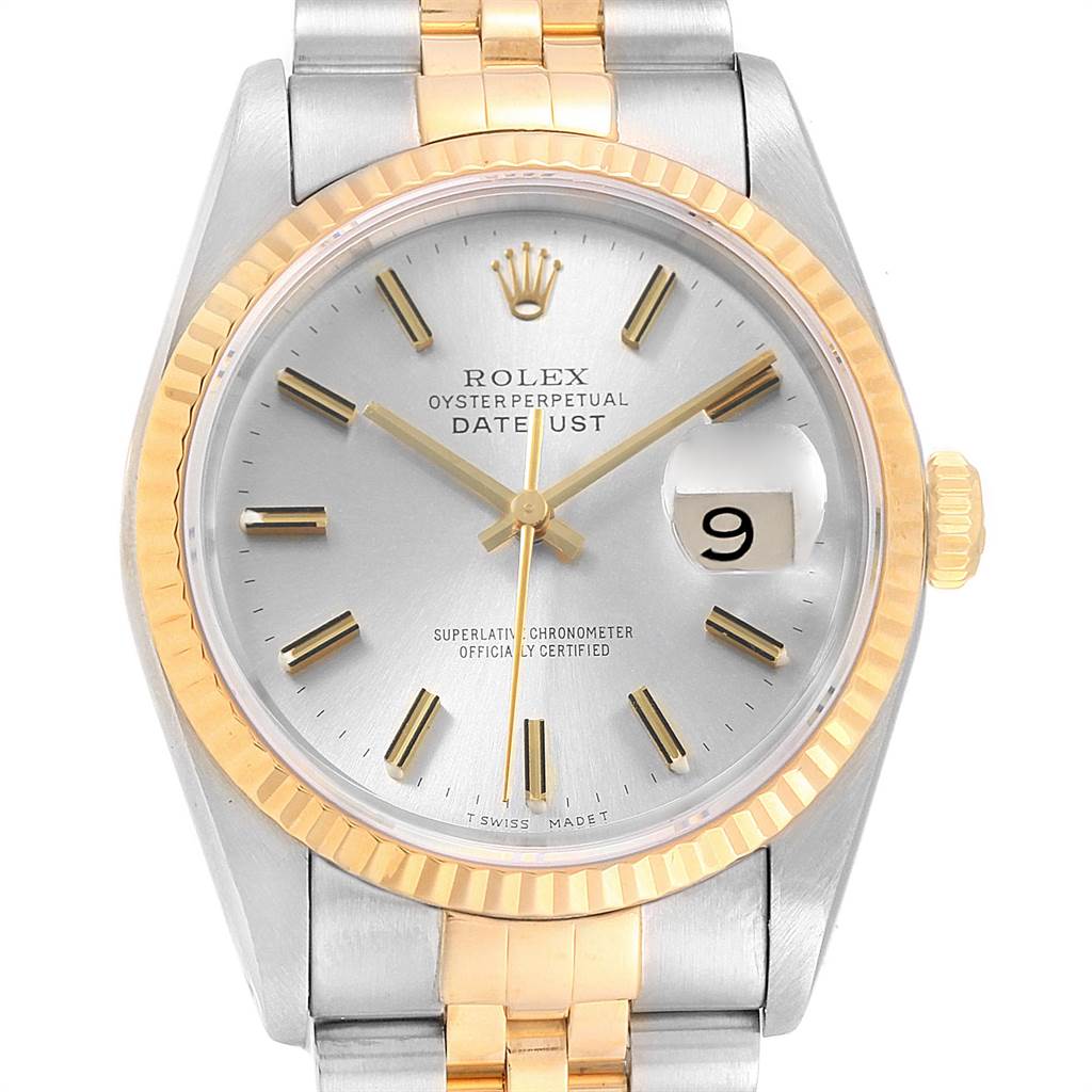 This image shows a Rolex Datejust 16233 Men's Steel and Gold (two tone) Silver Dial 16233 Men's Steel and Gold (two tone) Silver Dial watch from a front angle, highlighting its dial, bezel, hands, and bracelet.