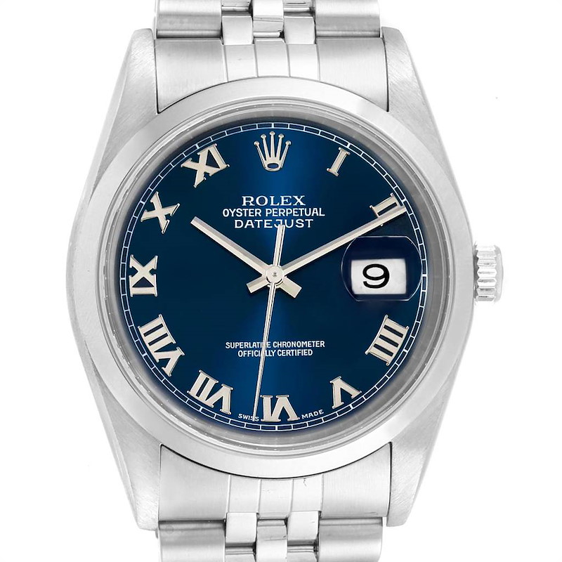 Rolex Datejust 36 Blue Roman Dial Domed Bezel Steel Mens Watch 16200 SwissWatchExpo