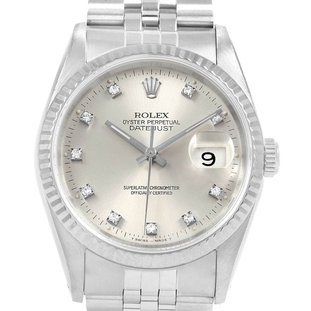 The image shows a front view of the Rolex Datejust 16234 Men's Stainless Steel Silver Dial 16234 Men's Stainless Steel Silver Dial watch, featuring its face, bezel, crown, and part of the bracelet.