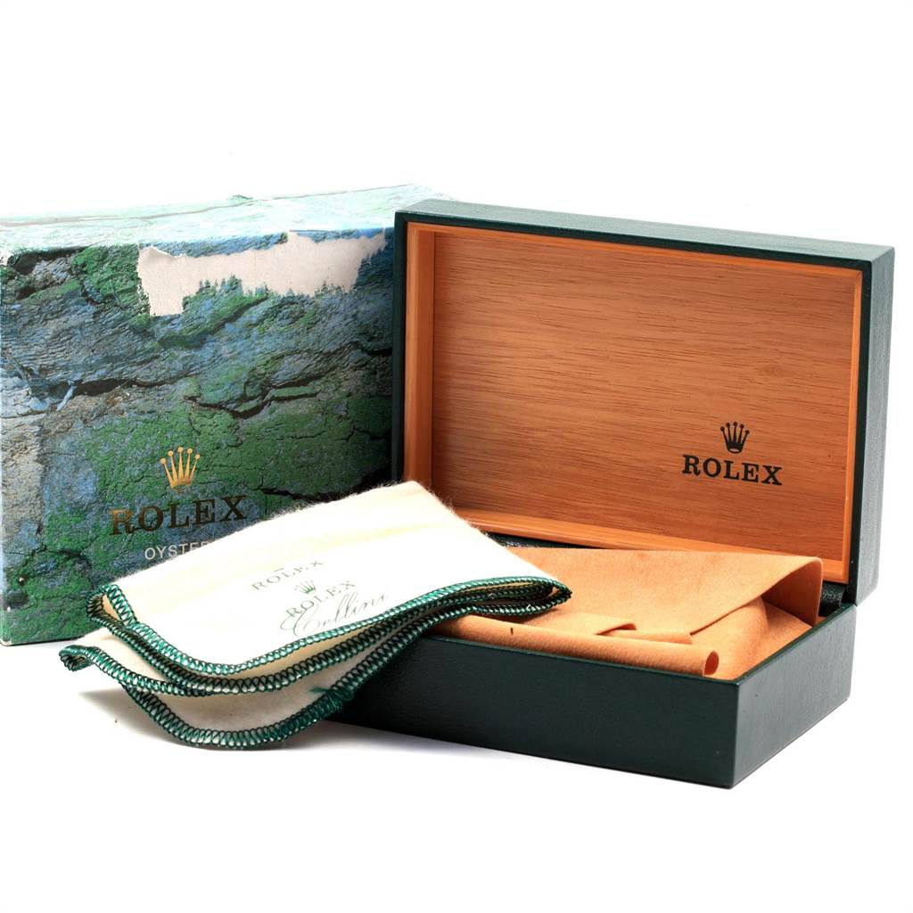 The image shows a Rolex Datejust 16234 Men's Stainless Steel Silver Dial 16234 Men's Stainless Steel Silver Dial watch box, a polishing cloth, and part of the outer packaging.