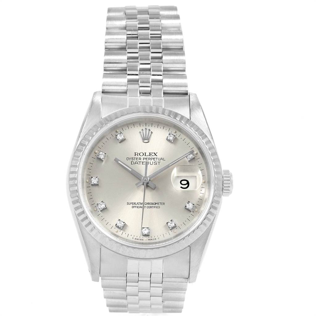 The Rolex Datejust 16234 Men's Stainless Steel Silver Dial 16234 Men's Stainless Steel Silver Dial watch is shown from the front, displaying its dial, case, bezel, bracelet, and date window.