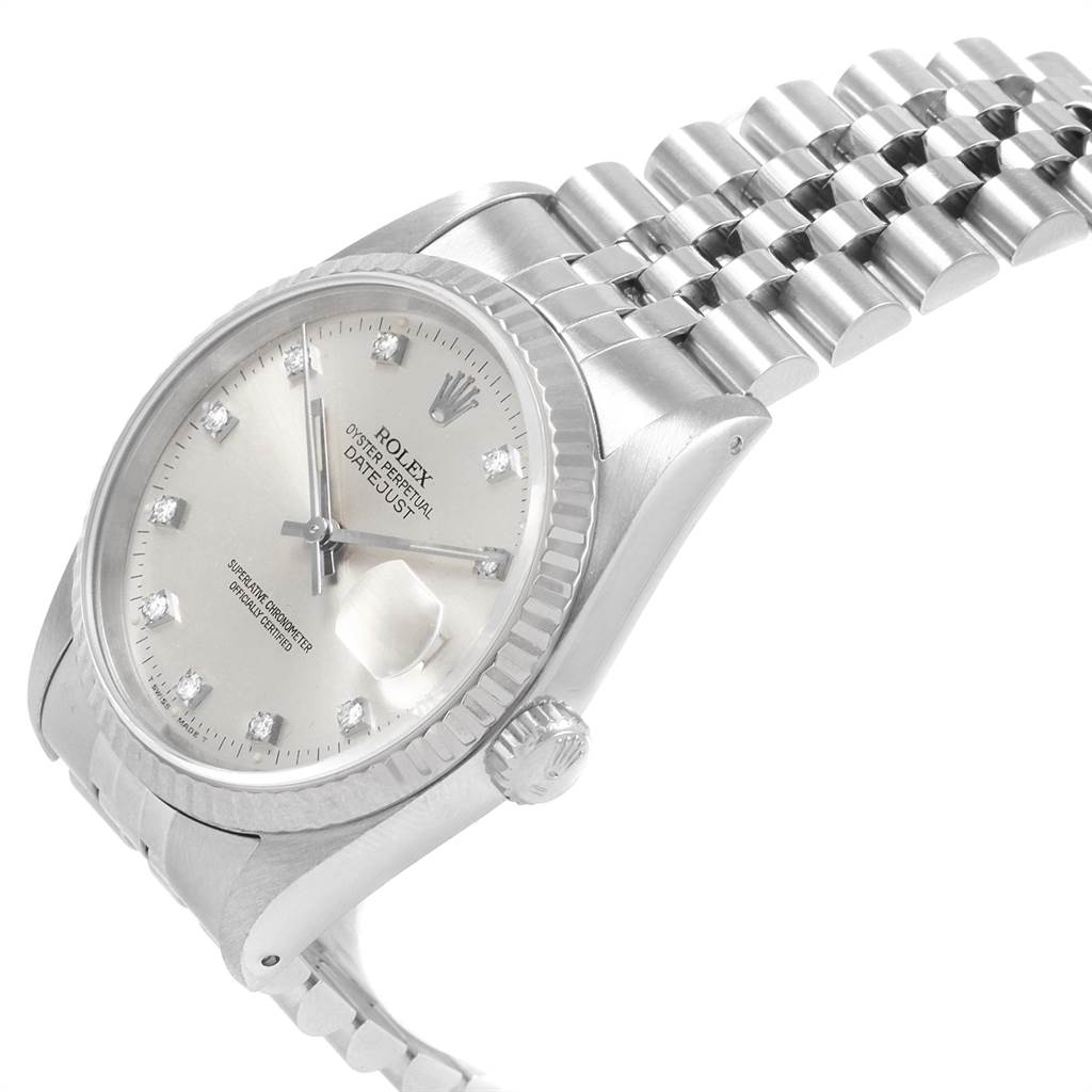 The image shows a Rolex Datejust 16234 Men's Stainless Steel Silver Dial 16234 Men's Stainless Steel Silver Dial watch angled to highlight the dial, bezel, crown, and a portion of the bracelet.