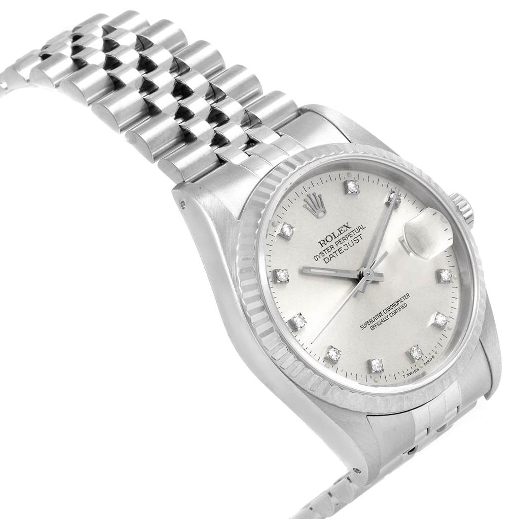 The Rolex Datejust 16234 Men's Stainless Steel Silver Dial 16234 Men's Stainless Steel Silver Dial watch is shown from a slight angled side view, displaying its face, bezel, and part of its bracelet.
