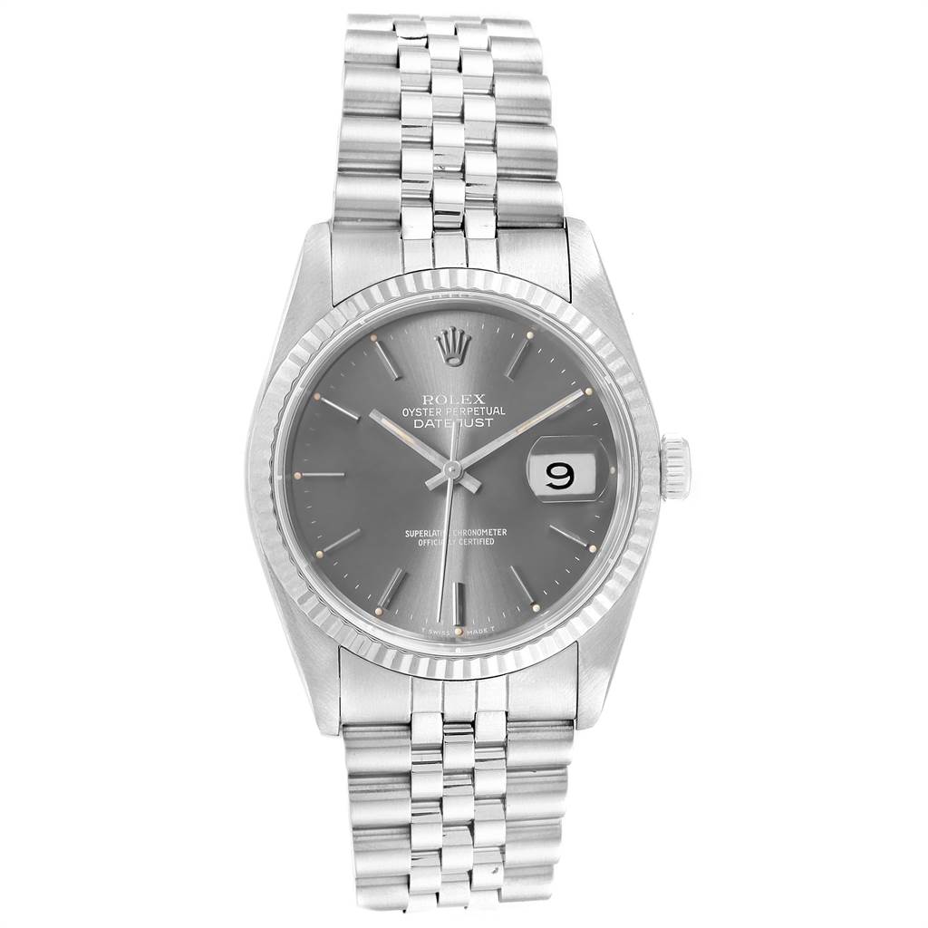 The image shows a front view of a Rolex Datejust 16234 Men's Stainless Steel Grey Dial 16234 Men's Stainless Steel Grey Dial watch, displaying the face, bezel, crown, and bracelet.