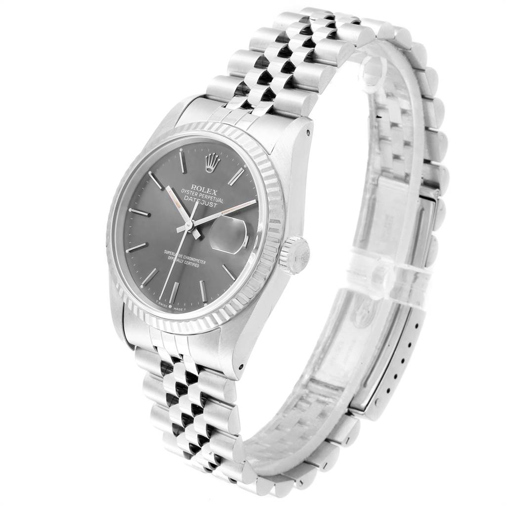 The Rolex Datejust 16234 Men's Stainless Steel Grey Dial 16234 Men's Stainless Steel Grey Dial watch is shown at a 3/4 angle, displaying the face, bezel, crown, and bracelet.