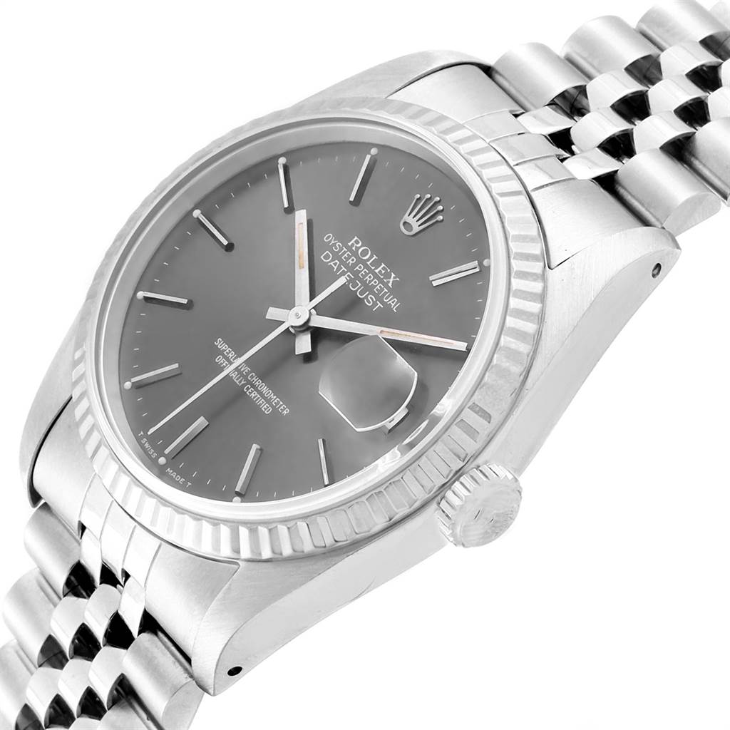 The image shows a Rolex Datejust 16234 Men's Stainless Steel Grey Dial 16234 Men's Stainless Steel Grey Dial watch at an angled view, highlighting its dial, fluted bezel, and part of the bracelet.