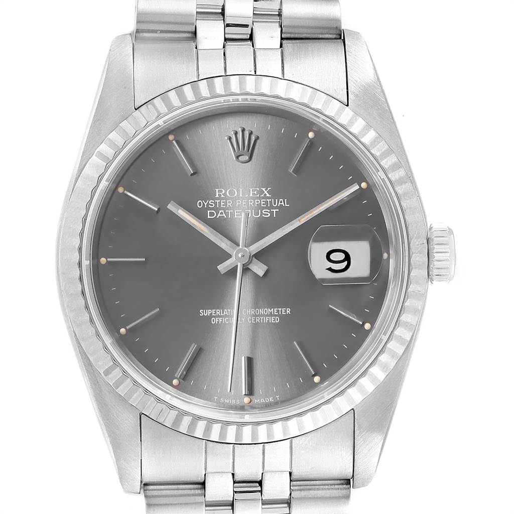 The image shows a frontal view of a Rolex Datejust 16234 Men's Stainless Steel Grey Dial 16234 Men's Stainless Steel Grey Dial watch featuring a gray dial, date window, and jubilee bracelet.