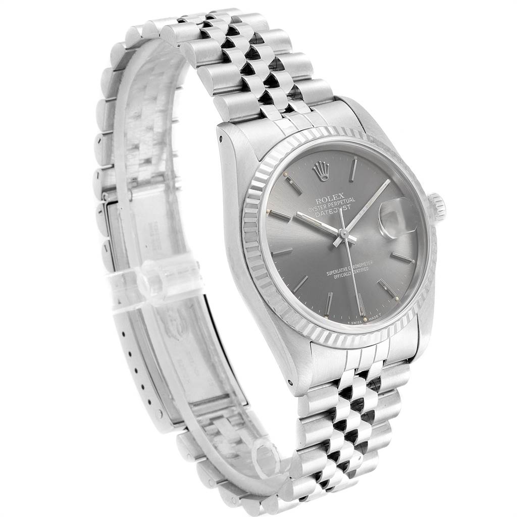 The Rolex Datejust 16234 Men's Stainless Steel Grey Dial 16234 Men's Stainless Steel Grey Dial watch is shown at a slight angle, highlighting the face, bezel, and jubilee bracelet.