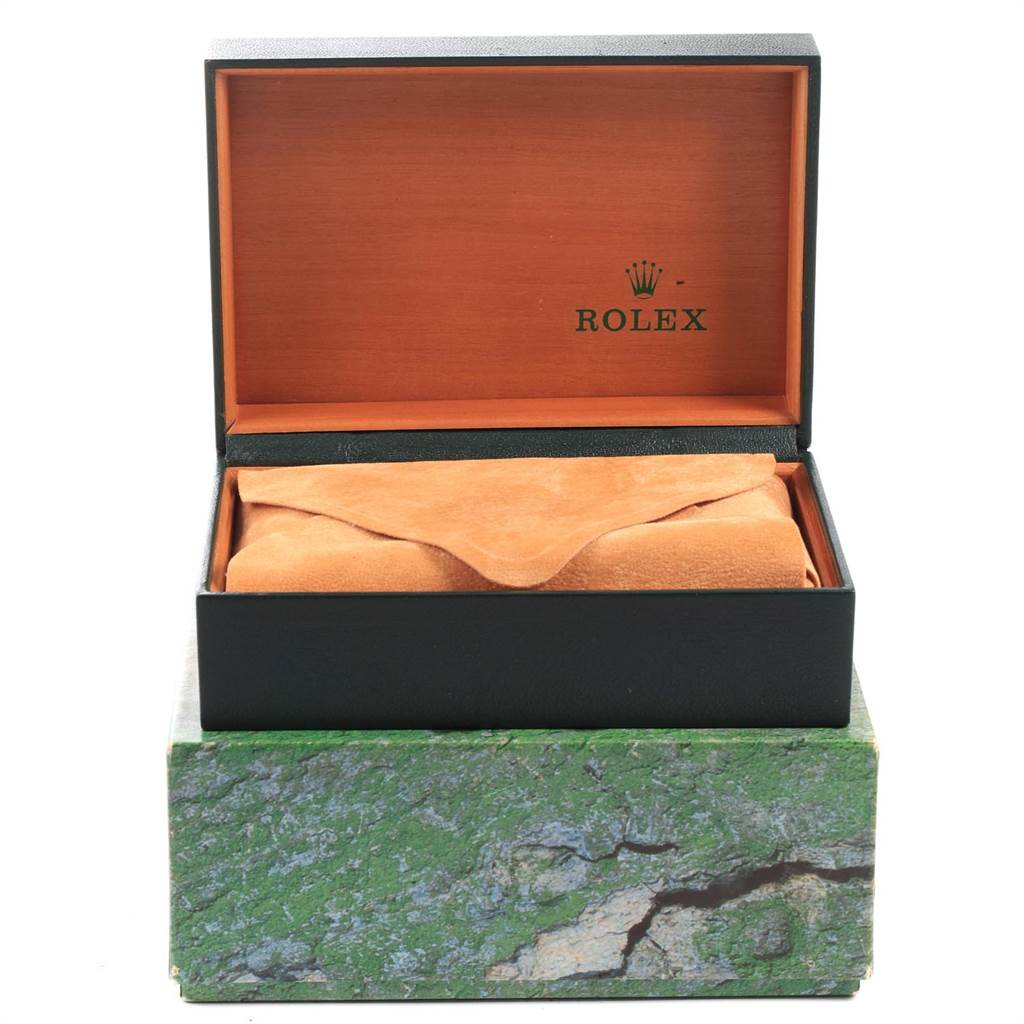 The image shows the Rolex Datejust 16234 Men's Stainless Steel Silver Dial 16234 Men's Stainless Steel Silver Dial watch packaging box, partially open, revealing a suede-covered interior compartment.