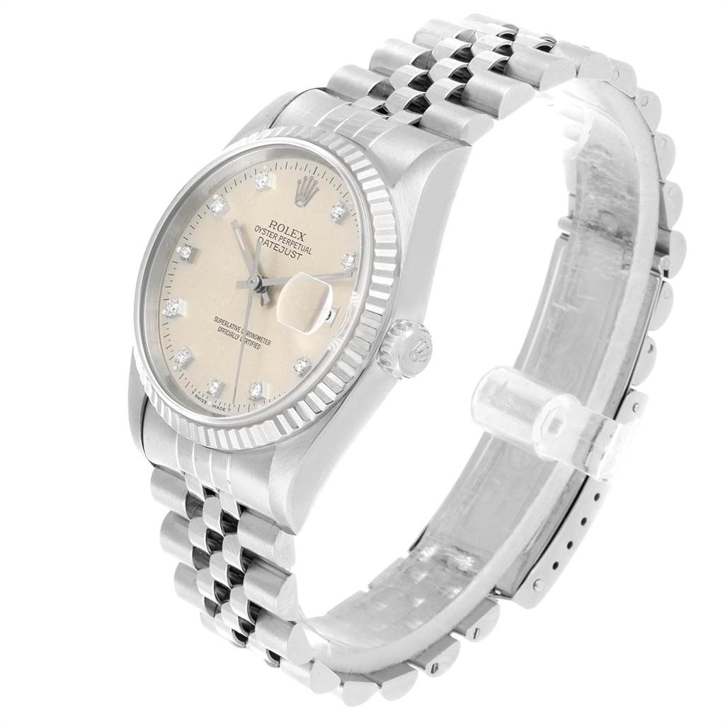 This image shows a side angle of a Rolex Datejust 16234 Men's Stainless Steel Silver Dial 16234 Men's Stainless Steel Silver Dial watch, highlighting its face, bezel, crown, and bracelet.