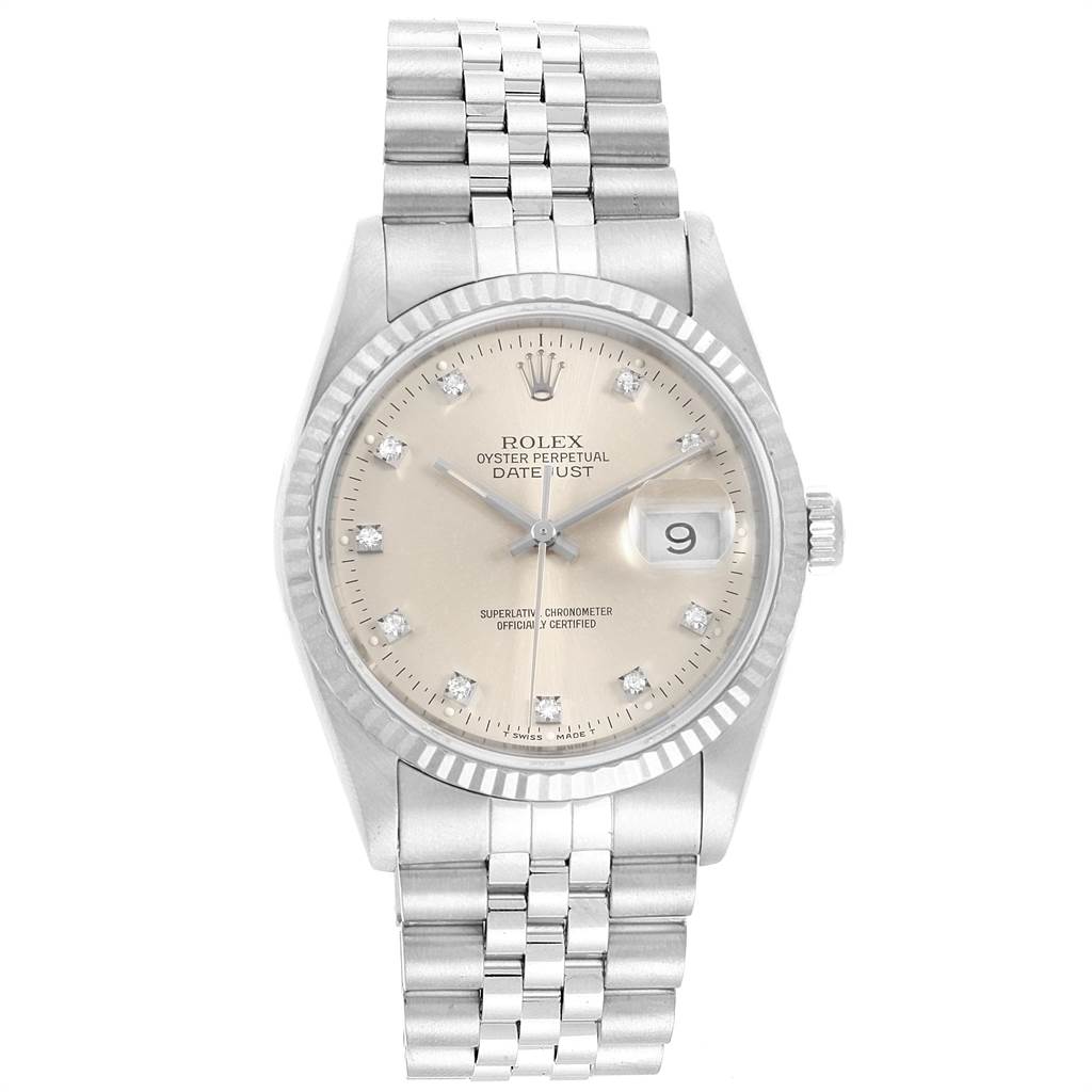 The Rolex Datejust 16234 Men's Stainless Steel Silver Dial 16234 Men's Stainless Steel Silver Dial model watch is shown from a front angle, displaying its dial, bracelet, and crown.