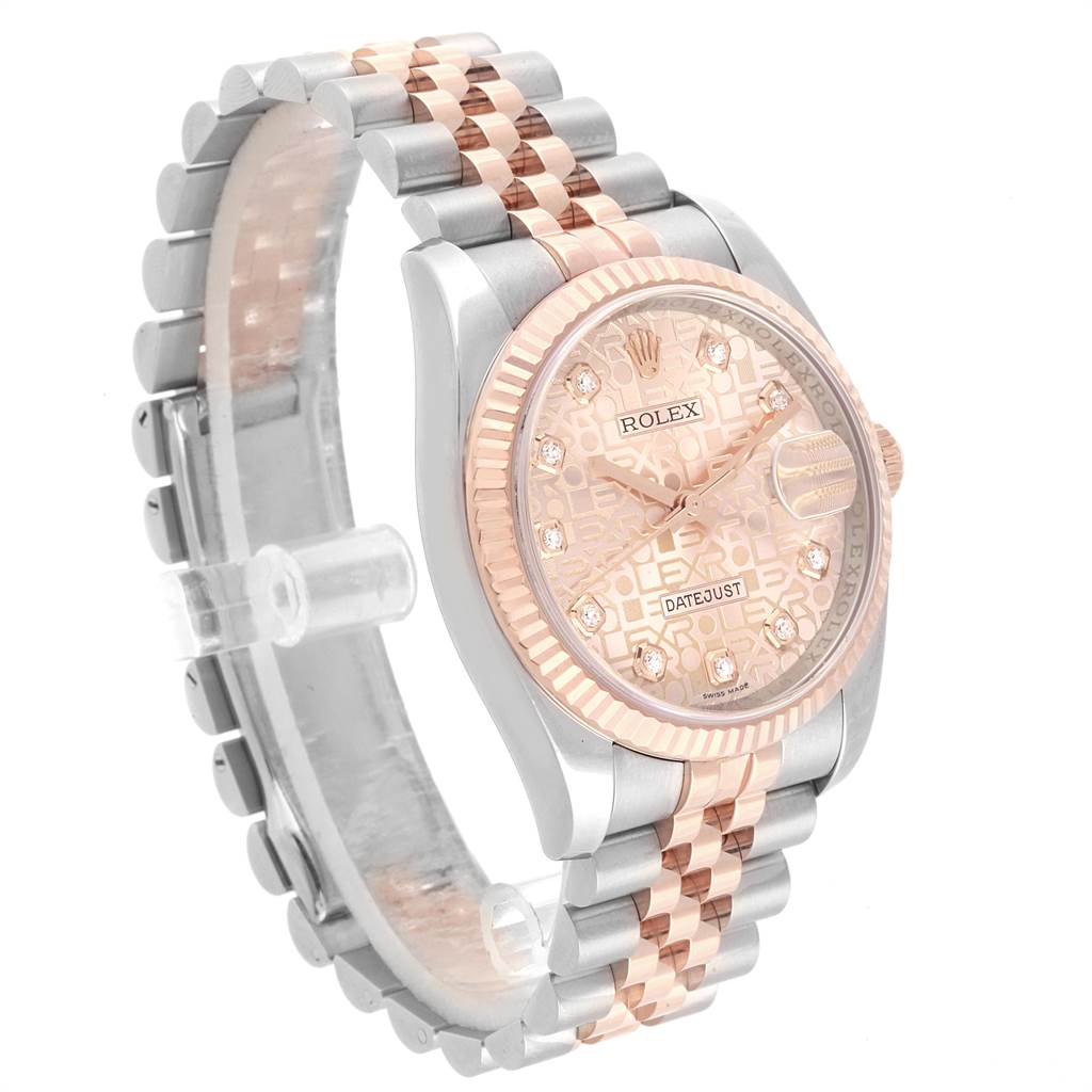 This Rolex Datejust 116231 Men's Steel and Gold (two tone) Pink Dial 116231 Men's Steel and Gold (two tone) Pink Dial watch is shown at a three-quarter angle, highlighting its rose gold and silver bracelet, bezel, and patterned dial.