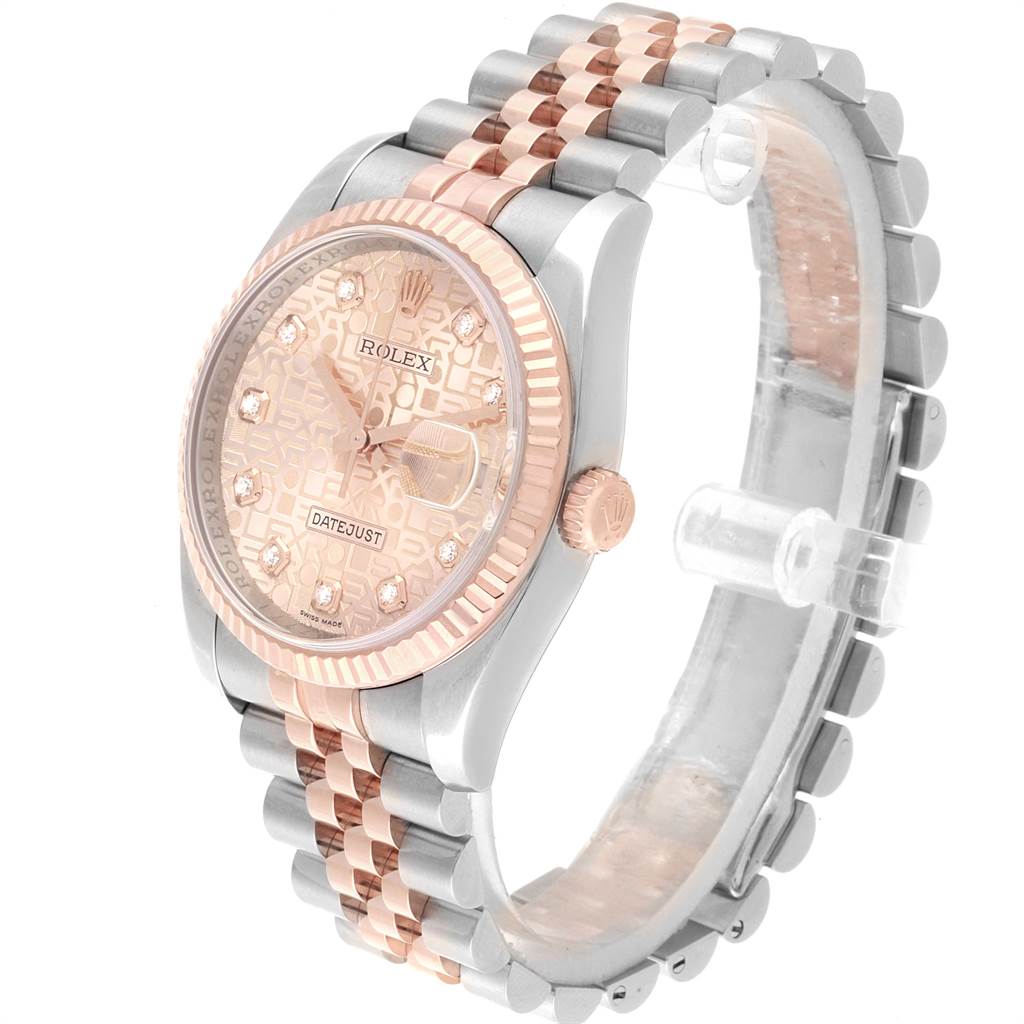 The image shows a side angle of a Rolex Datejust 116231 Men's Steel and Gold (two tone) Pink Dial 116231 Men's Steel and Gold (two tone) Pink Dial watch, highlighting its rose gold dial, bezel, crown, and jubilee bracelet.