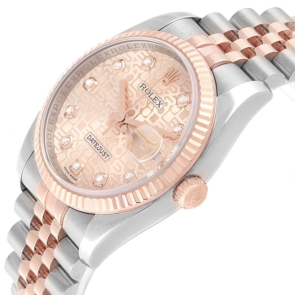 The image shows a side view of a Rolex Datejust 116231 Men's Steel and Gold (two tone) Pink Dial 116231 Men's Steel and Gold (two tone) Pink Dial watch, highlighting the dial, bezel, and bracelet.