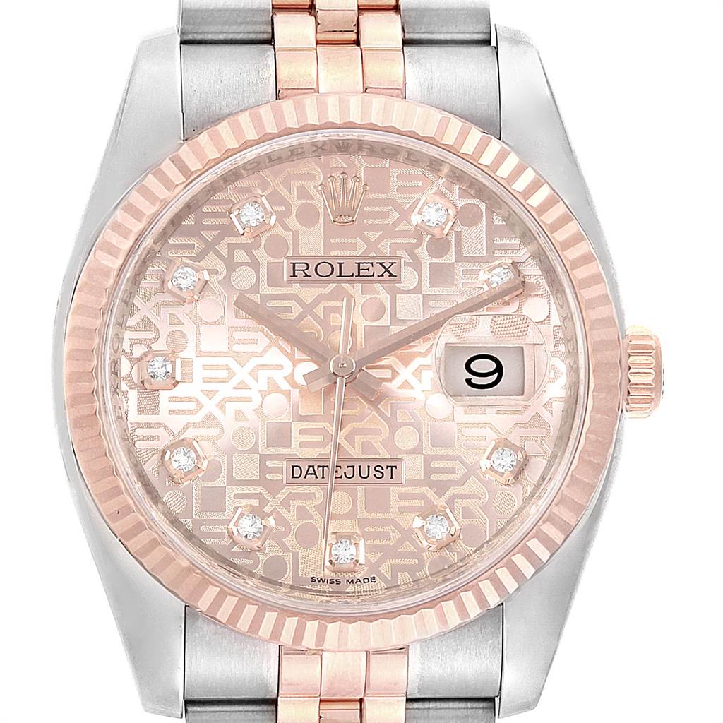 This image shows a front view of the Rolex Datejust 116231 Men's Steel and Gold (two tone) Pink Dial 116231 Men's Steel and Gold (two tone) Pink Dial watch, highlighting its dial, fluted bezel, crown, and part of its bracelet.