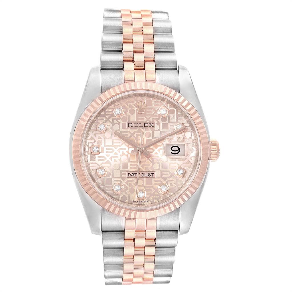 The image shows a front view of the Rolex Datejust 116231 Men's Steel and Gold (two tone) Pink Dial 116231 Men's Steel and Gold (two tone) Pink Dial watch, highlighting its dial, bezel, crown, and two-tone bracelet.