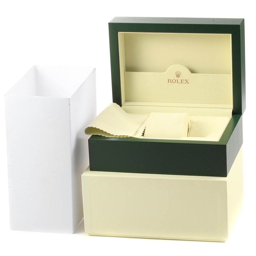 The image shows the packaging and storage box for a Rolex Datejust 116231 Men's Steel and Gold (two tone) Pink Dial 116231 Men's Steel and Gold (two tone) Pink Dial watch, including an open green box, cushion, and microfiber cloth.