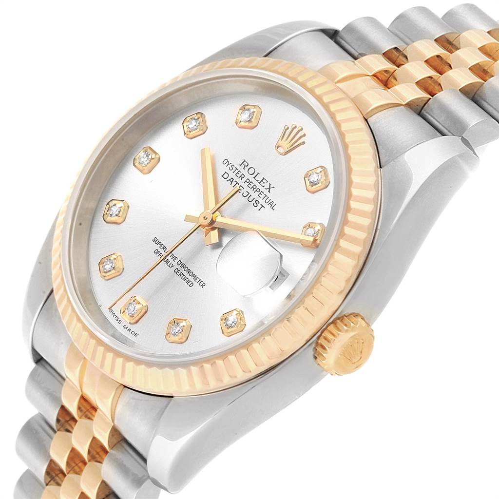 The image shows a Rolex Datejust 116233 Men
s Stainless Steel Silver Dial 116233 Men
s Stainless Steel Silver Dial watch at a slight angle, highlighting its face, bezel, crown, and part of the jubilee bracelet.