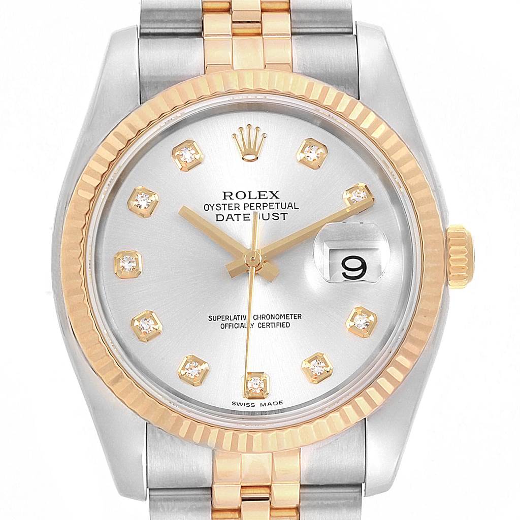 The image shows a front view of a Rolex Datejust 116233 Men
s Stainless Steel Silver Dial 116233 Men
s Stainless Steel Silver Dial watch, displaying the face, bezel, and portion of the bracelet.