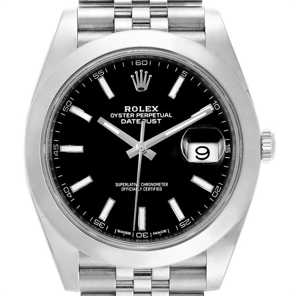 The image shows a front view of a Rolex Datejust 126300 Men
s Stainless Steel Black Dial 126300 Men
s Stainless Steel Black Dial watch featuring its dial, hands, date window, and part of the bracelet.